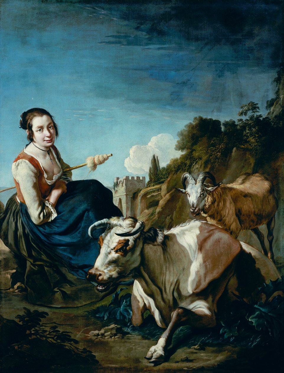 Dziewczyna z krową i owcami w skalistym krajobrazie, ok. 1700 (olej na płótnie) autorstwa Giacomo Ceruti