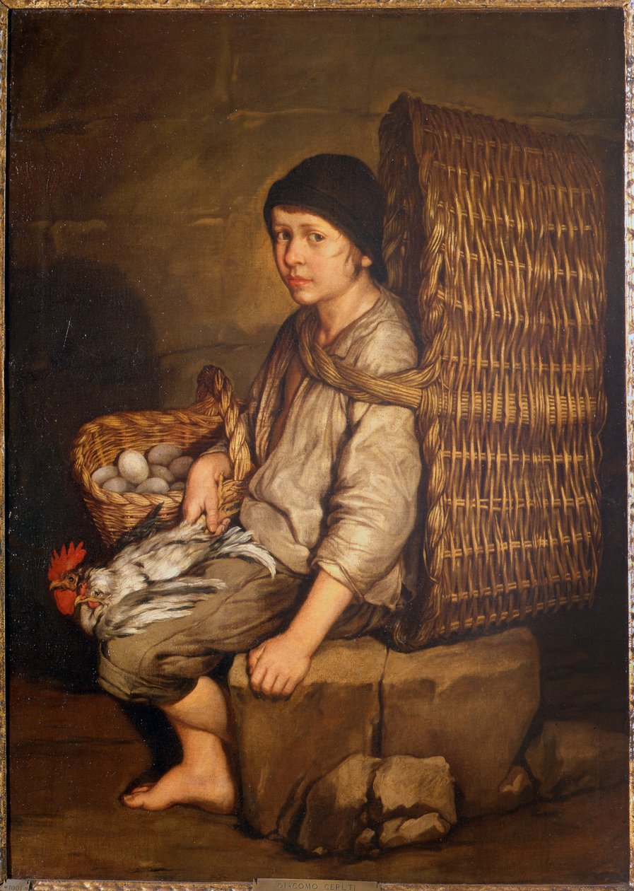 Chłopiec na posyłki siedzący z koszem na plecach, jajkami i drobiem, ok. 1735 (olej na płótnie) autorstwa Giacomo Ceruti