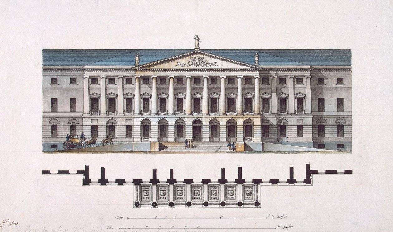 Projekt Instytutu Smolnego. Plan elewacji głównej i parteru, 1806-1808 autorstwa Giacomo Antonio Domenico Quarenghi