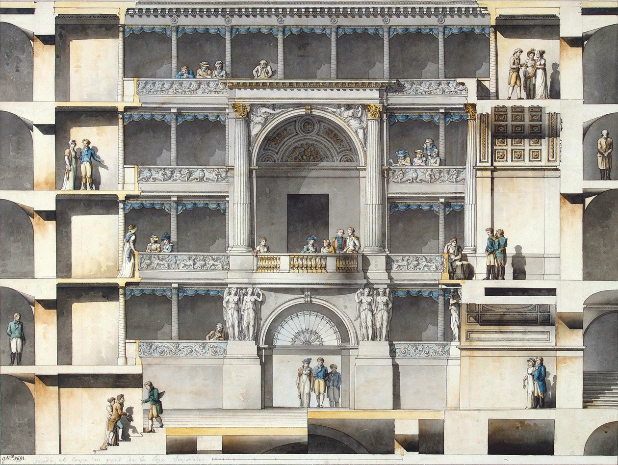Petersburski Cesarski Teatr Bolszoj Kamenny. Części Audytorium z Carskim Pudełkiem, autorstwa Giacomo Antonio Domenico Quarenghi