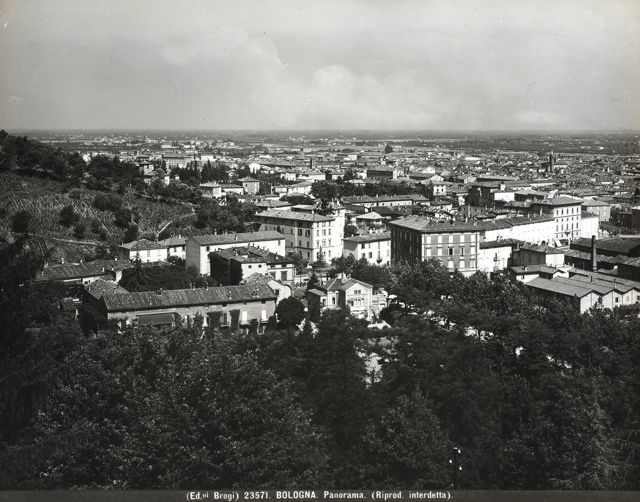 Panorama Bolonii z kilkoma fabrykami i wzgórzem. autorstwa Giacomo Brogi