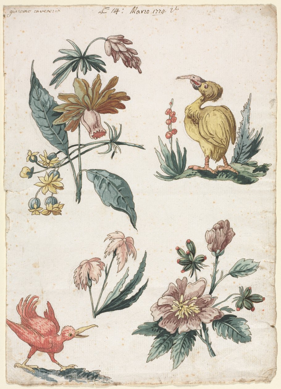Kwiatowe wzory z dwoma ptakami, 1774. autorstwa Giacomo Cavenezia