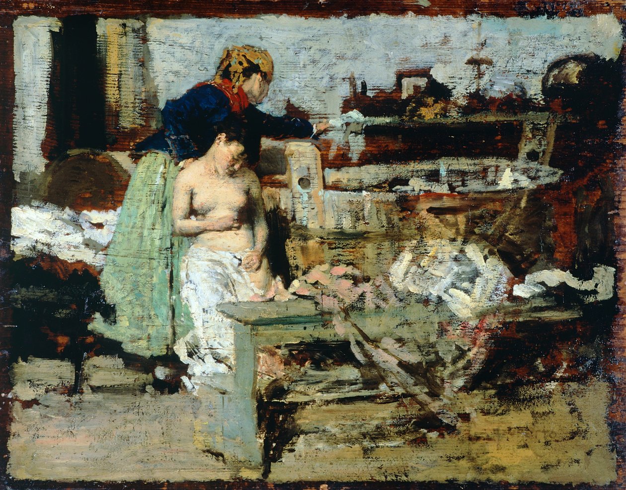 Po kąpieli (olej na drewnie) autorstwa Giacomo Favretto