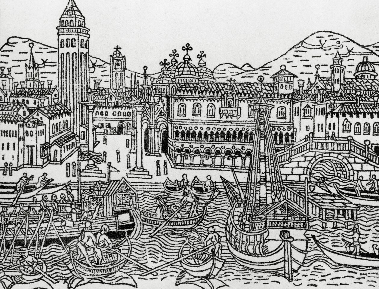 Widok Wenecji w XV wieku, Włochy, drzeworyt, z Suplementum chroniarum autorstwa Giacomo Filippo Foresti (1434-1520) autorstwa Giacomo Filippo Foresti