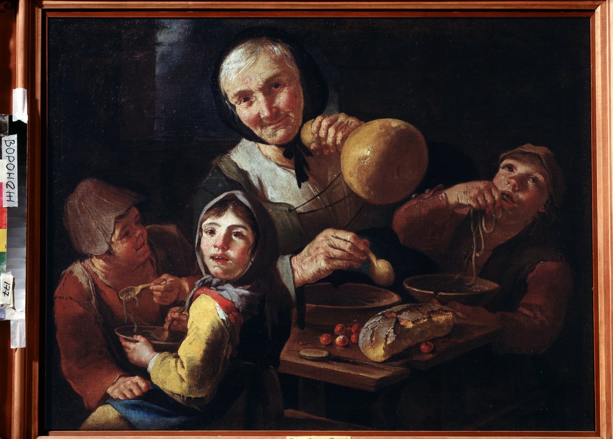 "Posiłek Chłopski" (Posiłek Chłopski) Stara wieśniaczka i troje dzieci jedzące śniadanie na zupę, wiśnie i chleb. Obraz Giacomo Francesco Cippera (1664-1736) XVIII-wieczne Muzeum Sztuk Pięknych Ivan Kramskoy (lub Kramskoi) w Woroneżu (Woroneż), autorstwa Giacomo Francesco Cipper