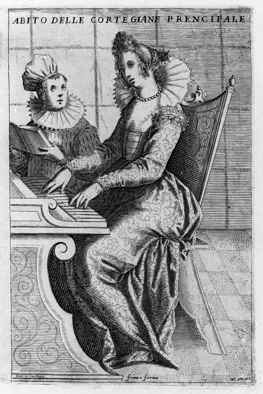 Kurtyzana w eleganckiej sukience grająca na pianinie. Grawer Giacomo Franco (1550-1620) z „Wenecji, zwyczaje i zwyczaje””, ok. 1597. autorstwa Giacomo Franco