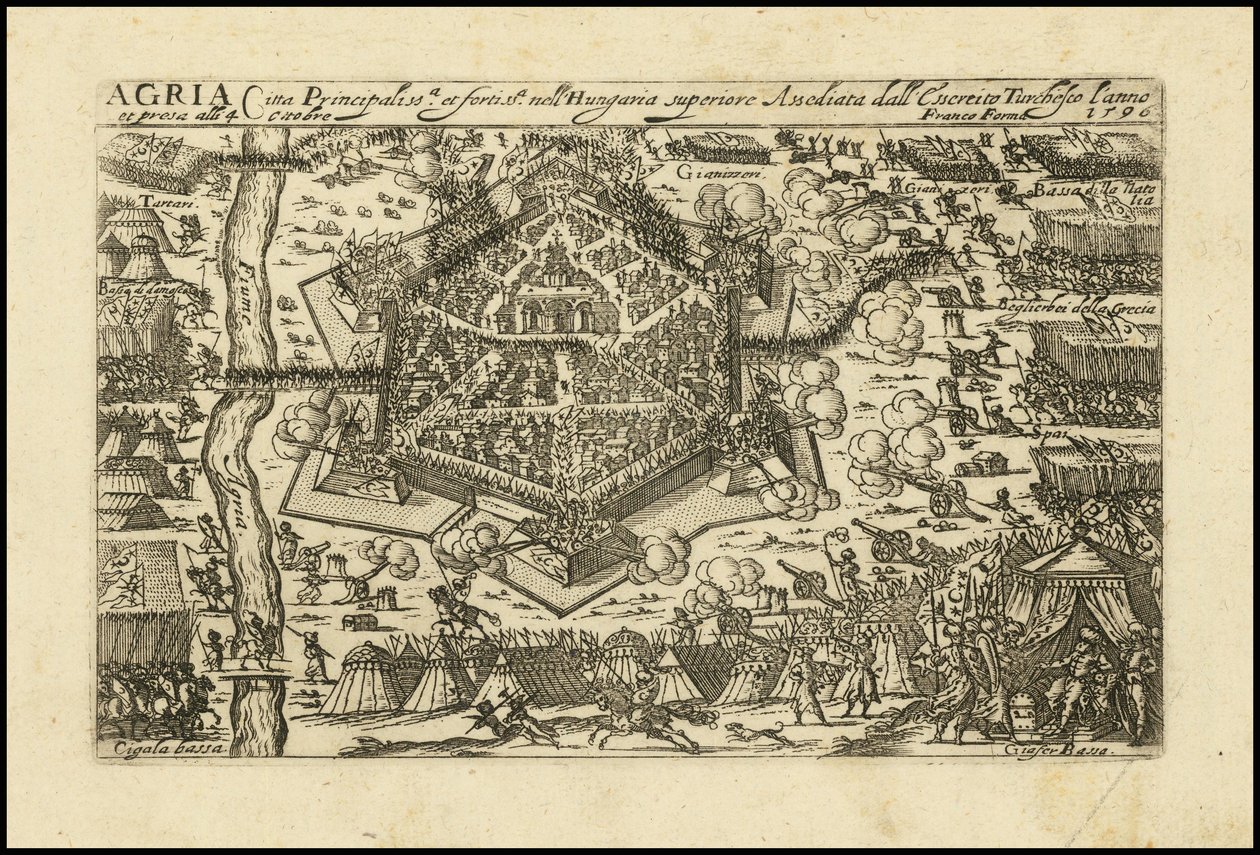 Agria - główne i ufortyfikowane miasto w Górnych Węgrzech oblężone przez turecką Cyssereite w 1596 r. autorstwa Giacomo Franco