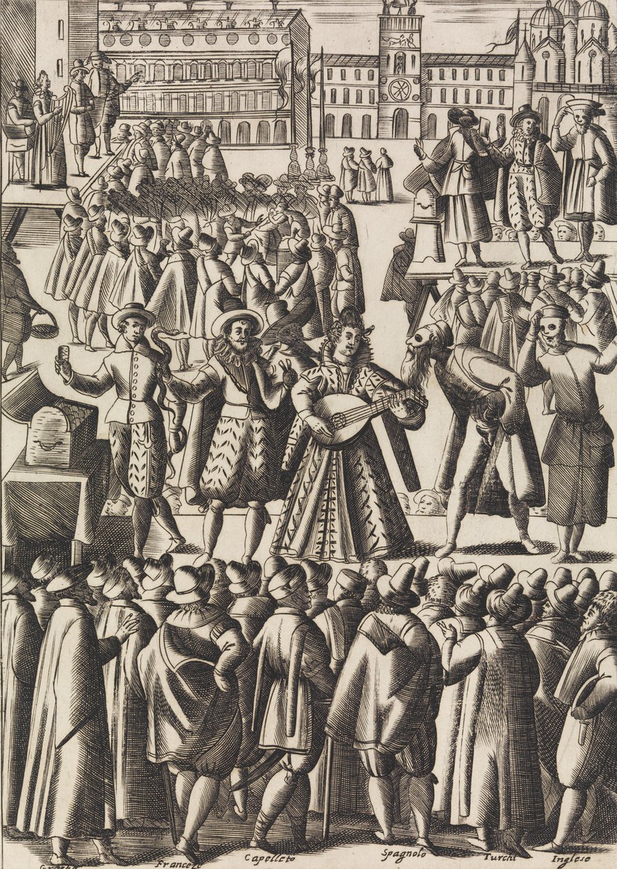 Rozrywka, którą szarlatani dają codziennie na Piazza di S. Marco al Populo ..., ca. 1610. autorstwa Giacomo Franco