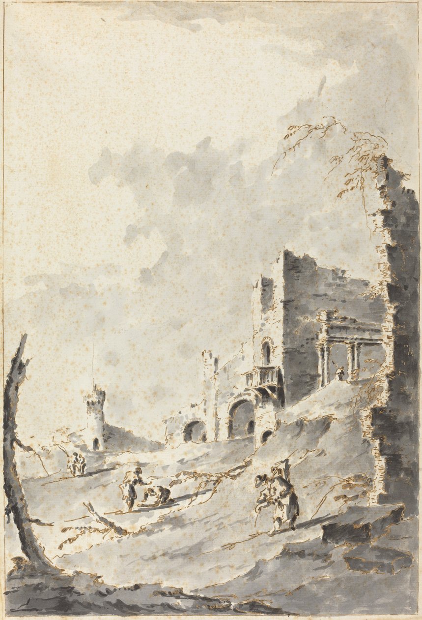 Capriccio klasycznych ruin z fortecą autorstwa Giacomo Guardi