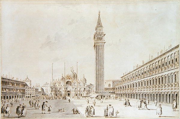 Widok na Piazza San Marco w kierunku Bazyliki i Campanile (pióro i atrament z praniem na papierze) autorstwa Giacomo Guardi