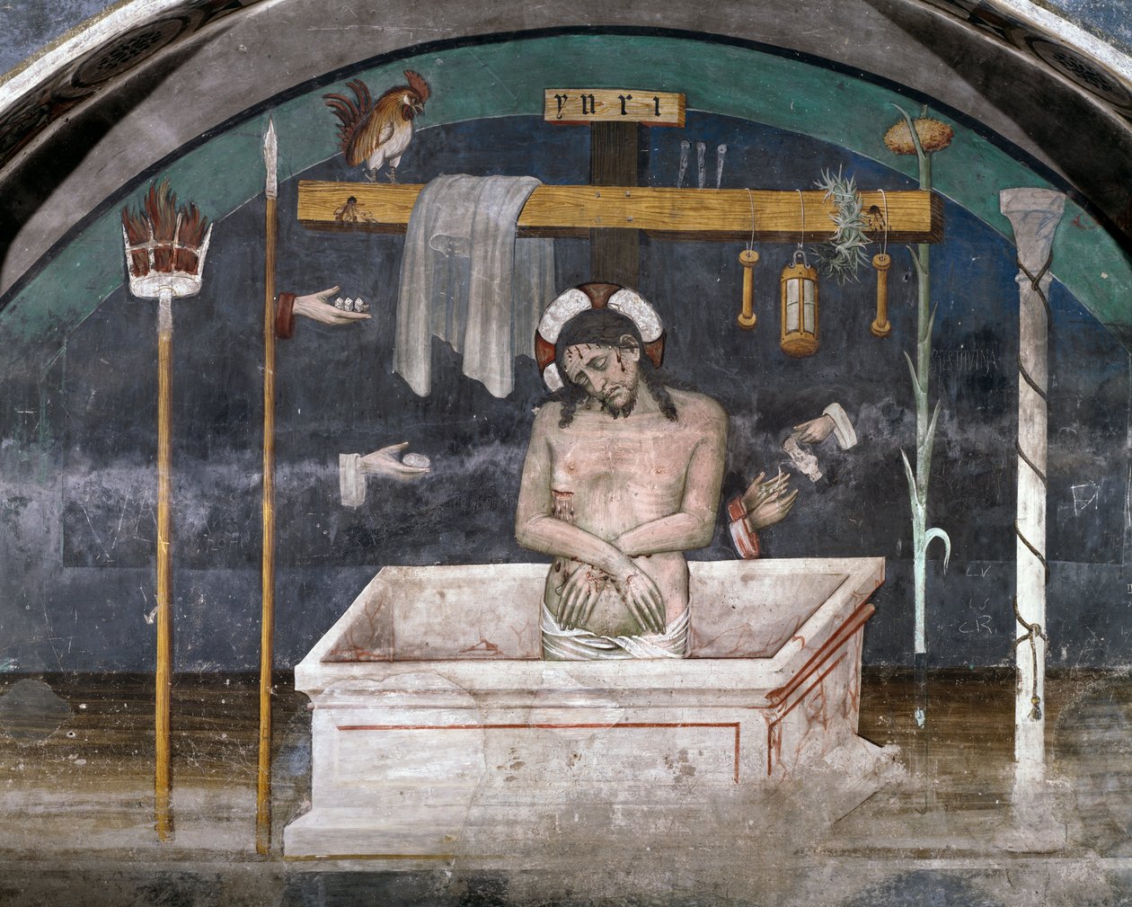 Chrystus otoczony symbolami Męki Pańskiej, fresk Giacomo Jaquerio (1375-1453), opactwo św. Antoniego z Ranverso, Buttigliera Alta, Piemont, Włochy autorstwa Giacomo Jaquerio