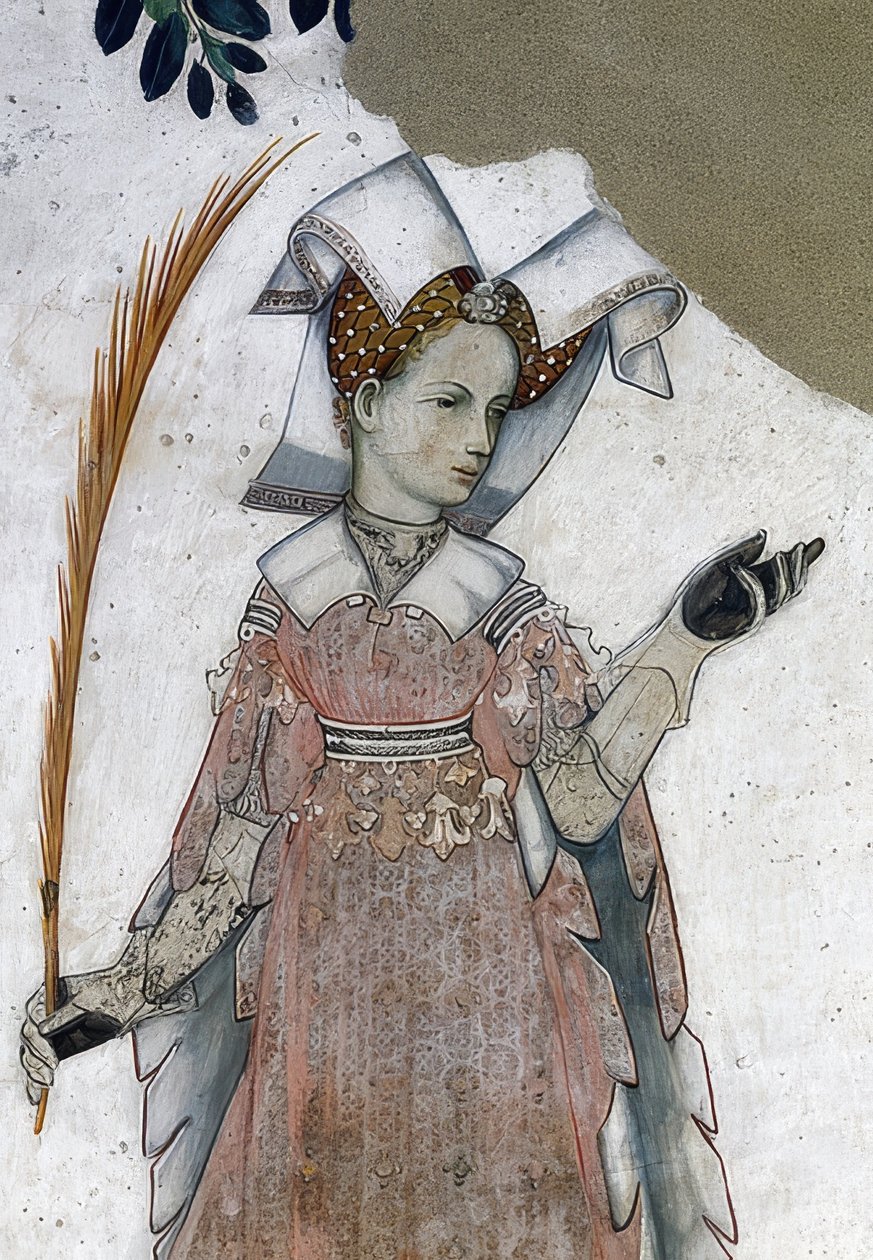 Przedstawienie markizów Saluzzo i ich małżonek jako historycznych i mitologicznych bohaterów i bohaterek. Detal: Marguerite de Roussy, żona Tomasza III jako Teuca. 1418-30 autorstwa Giacomo Jaquerio