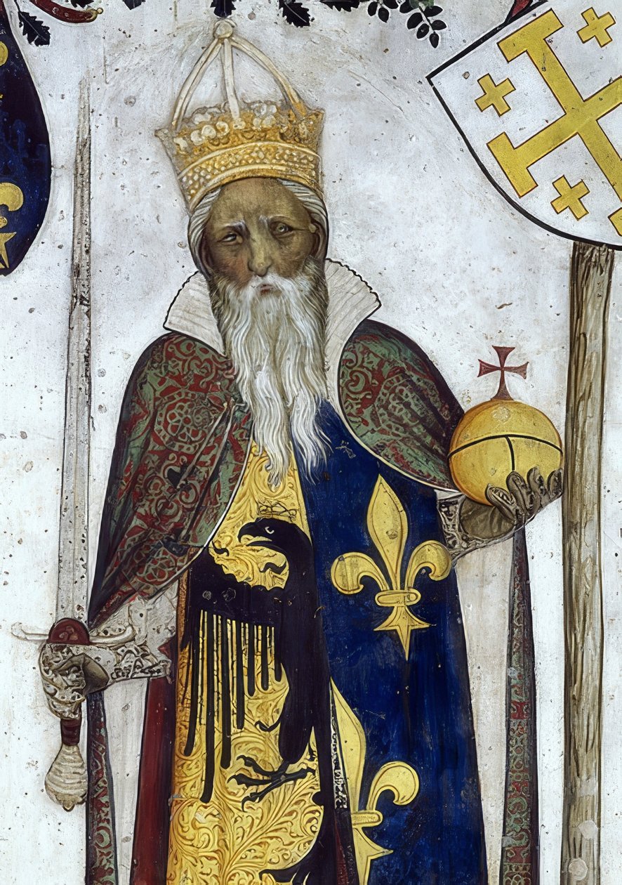 Przedstawienie markiza Saluzzo i ich żon jako historycznych i mitologicznych bohaterów i bohaterek. Szczegół: Manfredo III. jako Karol Wielki. 1418-30 autorstwa Giacomo Jaquerio
