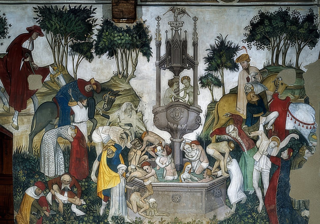 Fontanna młodości. Szczegół: Przyjazd i kąpiel w fontannie. 1418-30 autorstwa Giacomo Jaquerio