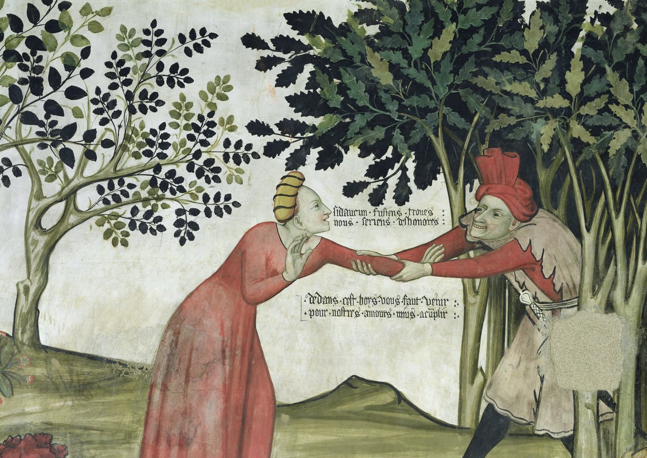 Fontanna życia, fragment mężczyzny ciągnącego kobietę do zagajnika autorstwa Giacomo Jaquerio