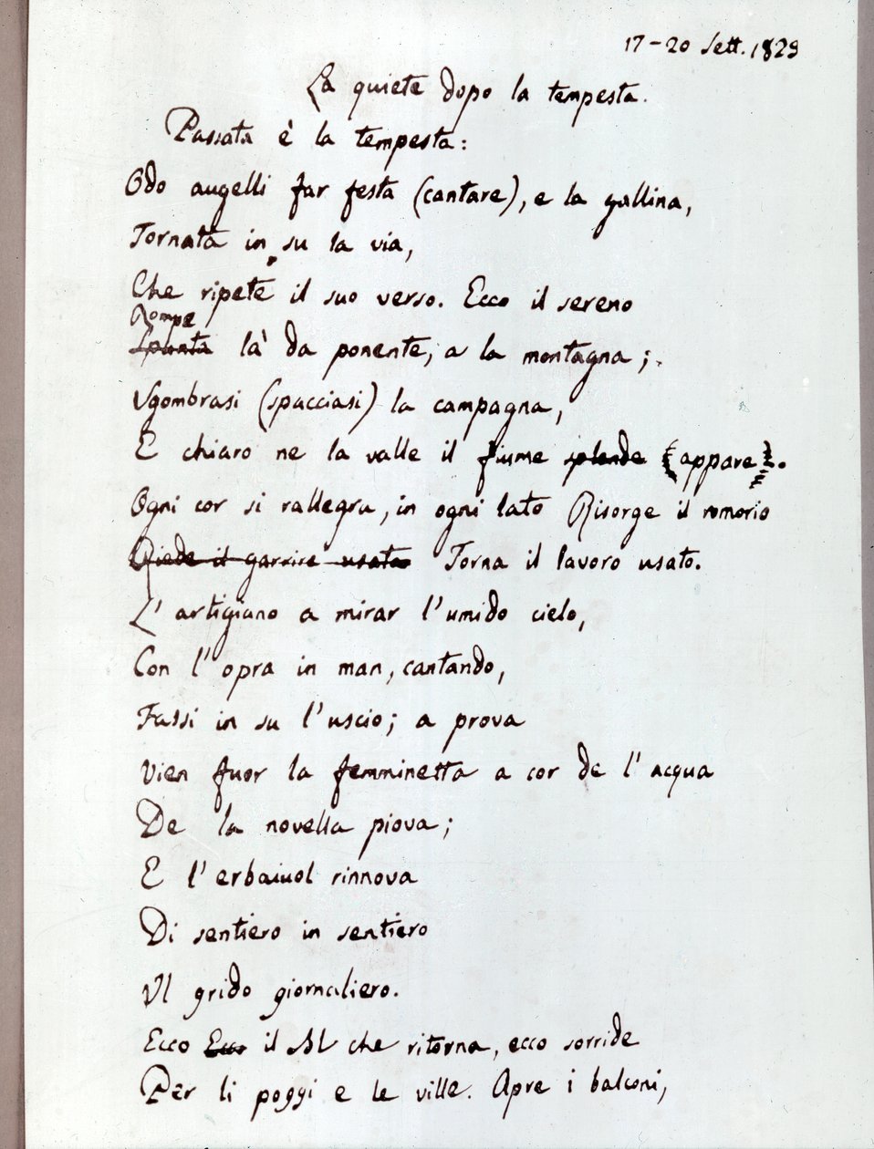 Rękopis wiersza "Bezruch po burzy" autorstwa Leopardiego. 1829 (dokumenty ) autorstwa Giacomo Leopardi
