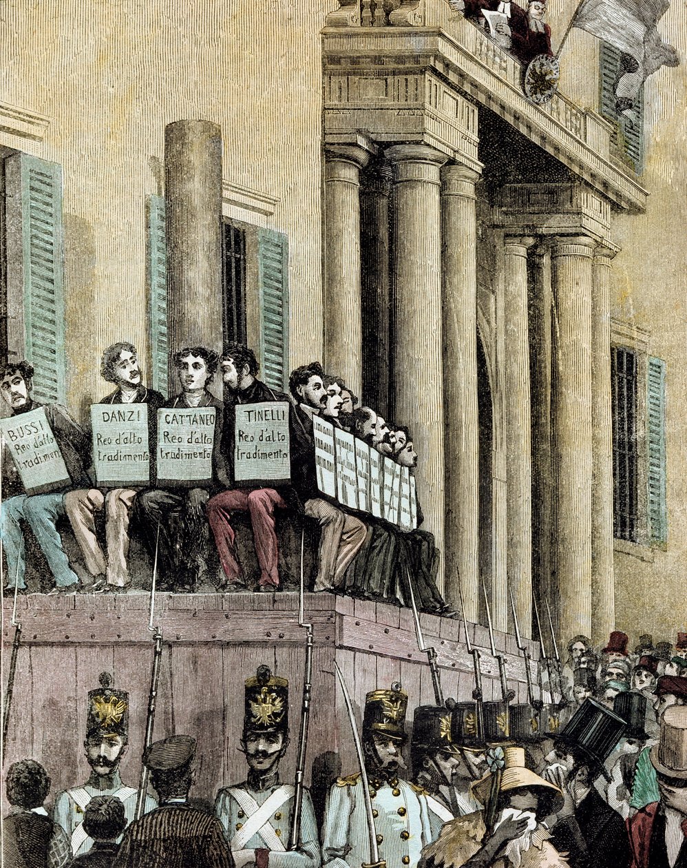 Risorgimento: „” członkowie ruchu Giovine Italia (m.in. Carlo Cattaneo (1801-1869), Tinelli, Danzi, Bussi) siedzący przed Pałacem Sprawiedliwości w Mediolanie, słuchający wyroku skazującego ich na wygnanie w 1848 roku”” 1884 Litografia Manteg autorstwa Giacomo Mantegazza