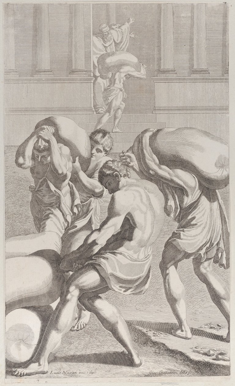 Mężczyźni przynoszący worki z ołowiem do klasztoru św. Benedykta, 1687-1717. autorstwa Giacomo Maria Giovannini