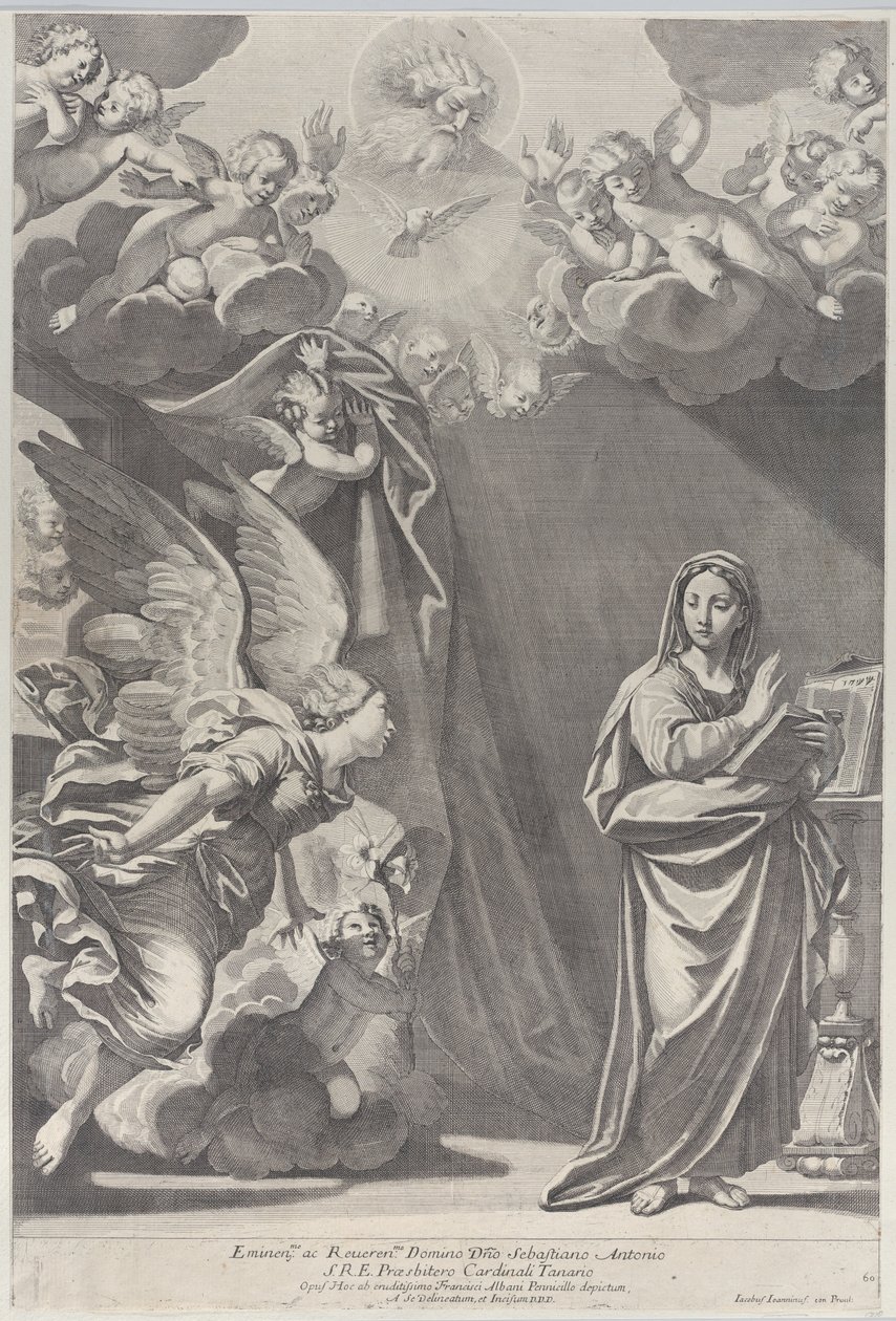 Zwiastowanie, z Gabrielem i innymi aniołami po lewej i Bogiem Ojcem na górze, 168..., 1687-1717. autorstwa Giacomo Maria Giovannini