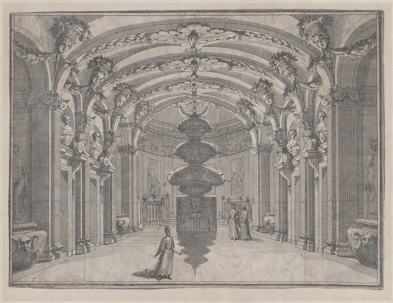 Scena teatralna w wielkiej sali ze sklepionym sufitem i centralną rzeźbą, ...,ok. 1687-1717. autorstwa Giacomo Maria Giovannini