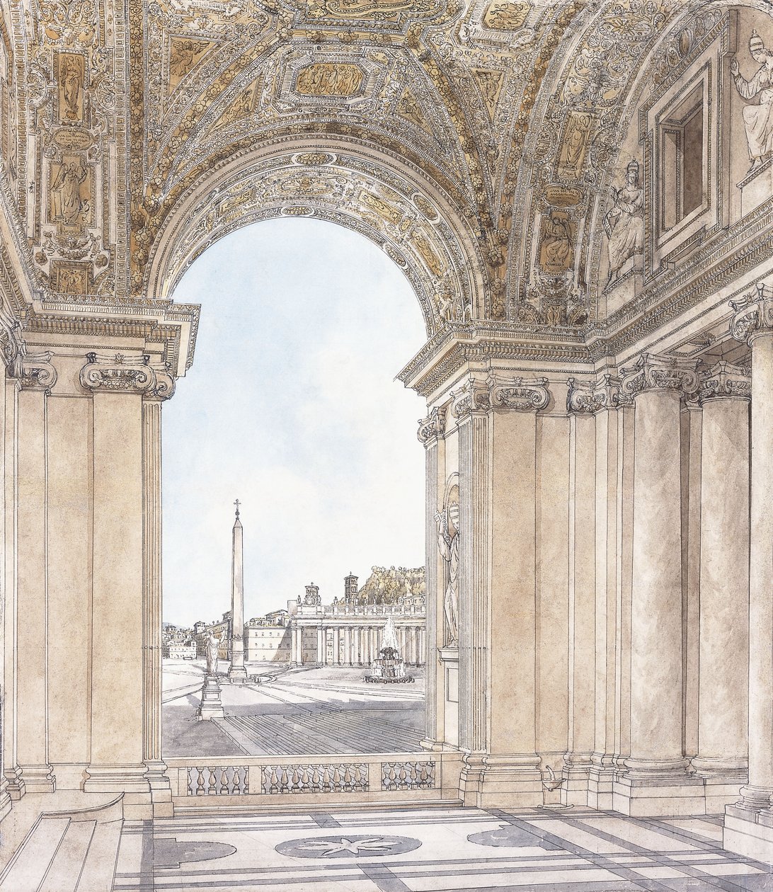 Widok na Piazza San Pietro w Rzymie patrzący na południe od portyku bazyliki, przed 1779 r. autorstwa Giacomo Quarenghi