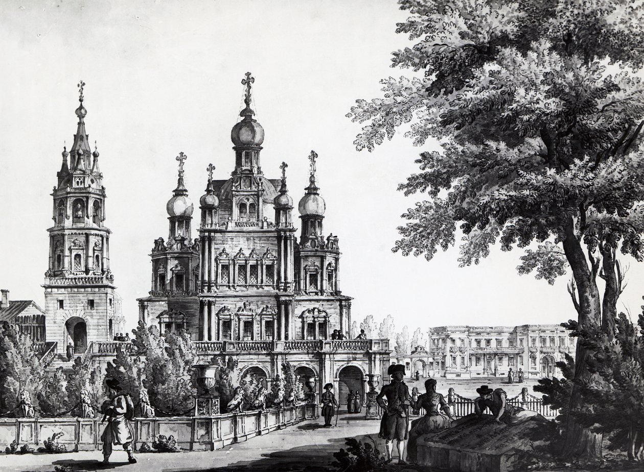 Kościół Wniebowzięcia NMP i pałac Gagarina w Moskwie, rys. Giacomo Quarenghi Domenico (1744-1817), druk, Rosja autorstwa Giacomo Quarenghi