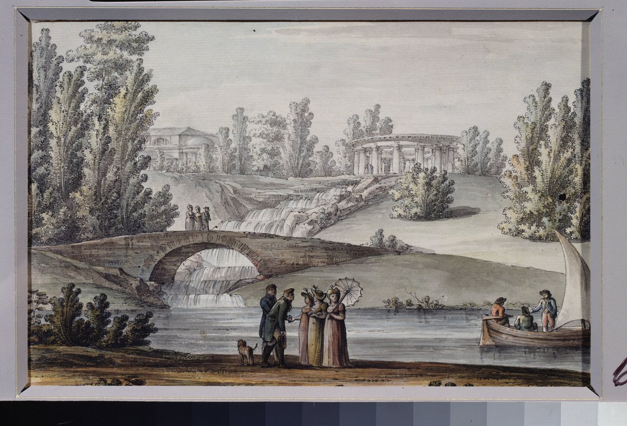 Świątynia Apolla i wodospad w Parku Pawłowskim (Sankt Petersburg). Praca Giacomo Antonio Domenico Quarenghi (1744-1817), tusz i akwarela na papierze, ok. 1800 r. Sztuka włoska autorstwa Giacomo Quarenghi