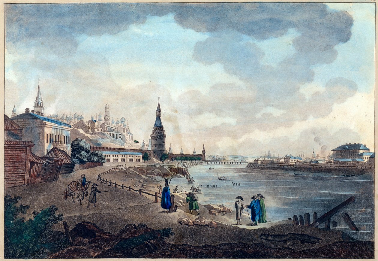 Widok na Kreml moskiewski z Kamiennego Mostu nad Moskwą (Moskwa lub Moskwa). Praca Giacomo Antonio Domenico Quarenghi (1744-1817), akwarela i tusz na papierze, ok. 1790 r. Sztuka włoska autorstwa Giacomo Quarenghi
