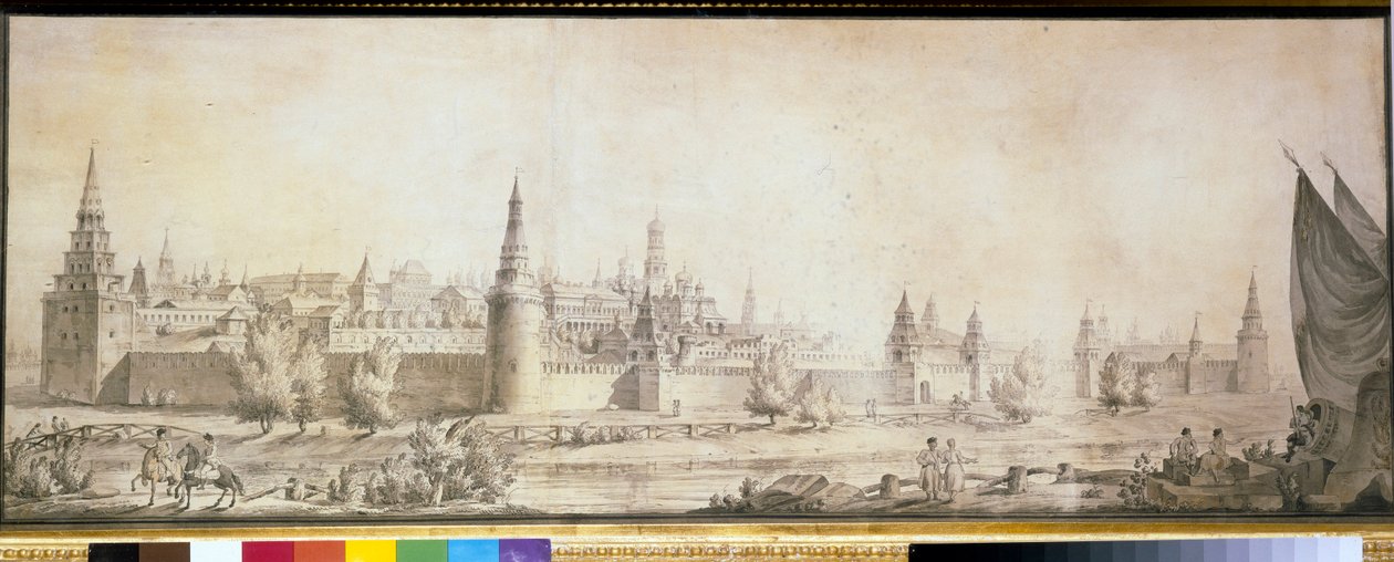 Panorama Kremla pod koniec XVIII wieku - Dzieło Giacomo Antonio Domenico Quarenghi (1744-1817), koniec lat 90. XVIII wieku - Panorama Kremla pod koniec XVIII wieku - Pióro, pędzel, kolor brązowy , czarna kreda, woda c autorstwa Giacomo Quarenghi