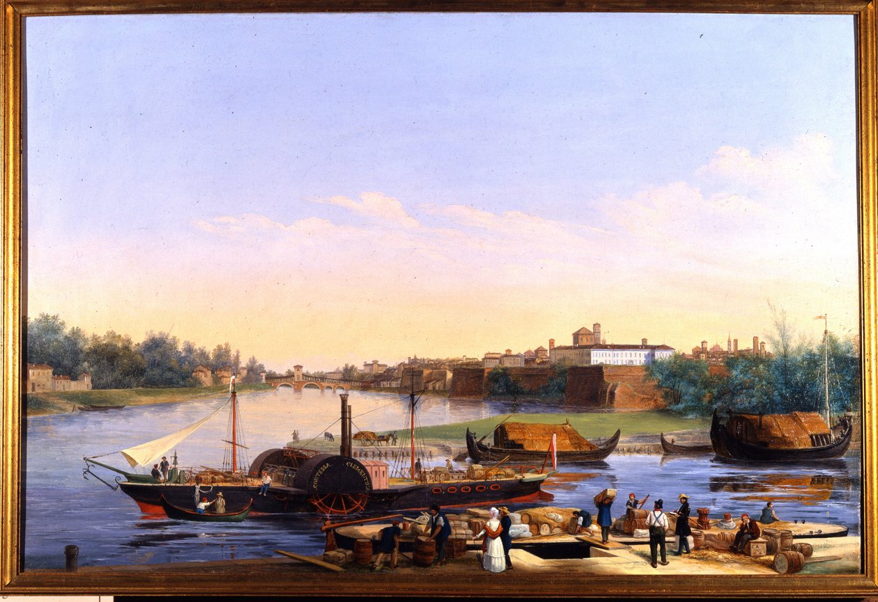 Widok na port w Pawii (Pawia) na Po i parowiec Principessa Clementina „”””” Obraz Giacomo Trecourta (1812-1882) XIX wiek autorstwa Giacomo Trecourt
