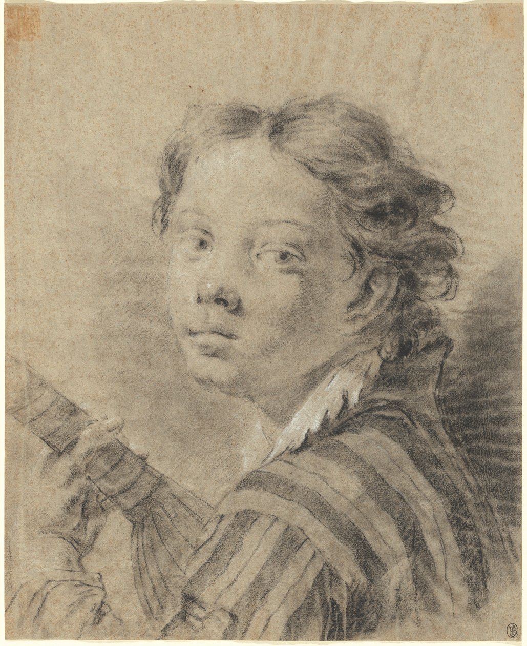 Chłopiec z lutnią, ok. 1740 (czarno-biała kreda i węgiel na niebieskim papierze) autorstwa Giambattista Piazzetta