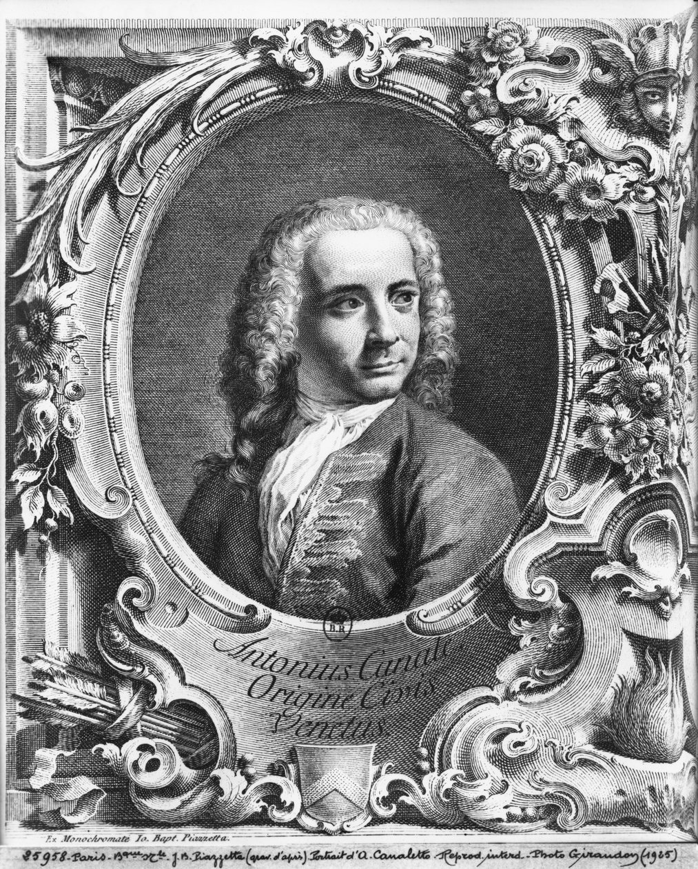Portret Antonio Canaletta, ilustracja na stronie tytułowej z „Prospektu Wielkiego Kanału Weneckiego”, przed 1735 autorstwa Giambattista Piazzetta