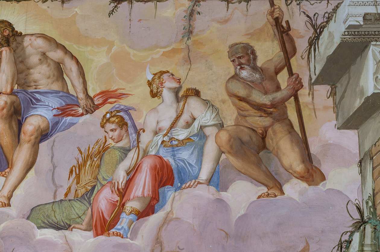 Ceres (bogini żniw z kłębkiem uszu) i Diana (bogini polowania z łukiem), fragment Sali Olimpu, ok.1557 (fresk) autorstwa Giambattista Zelotti