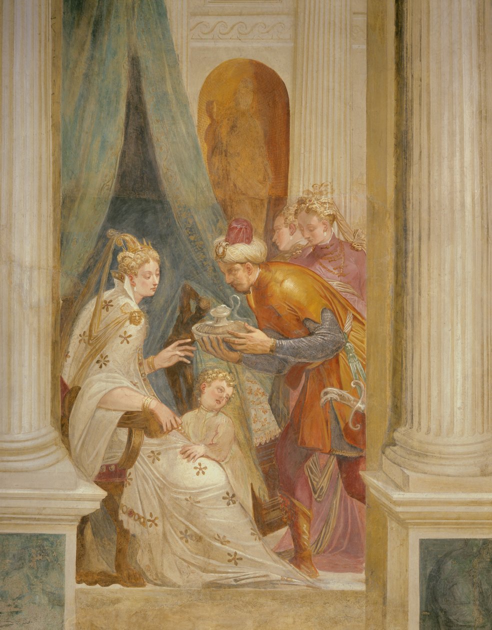 Ściana po prawej stronie przedstawiająca Sofonisbę z dzieckiem otrzymującym kolejny garnek trucizny (fresk) autorstwa Giambattista (1526 78) Zelotti