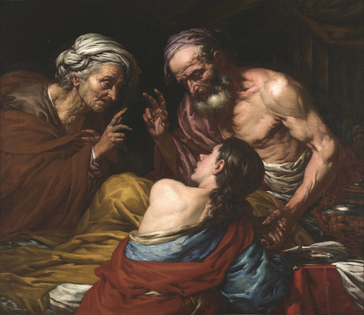 Isaac benit Jacob - Izaak błogosławi Jakuba, przez Langetti, Giovan Battista (1635-1676). Olej na płótnie, Między 1660 a 1670. Wymiar: 109x126 cm. Muzeul National Brukenthal, Sybin autorstwa Giambattista Langetti