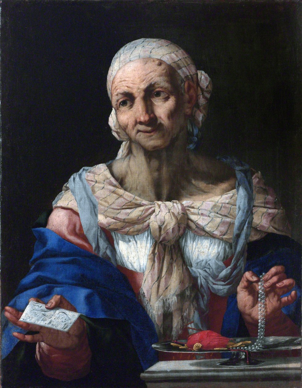 Stara kobieta z perłowym naszyjnikiem i listem (Vanitas) - Stara kobieta z perłowym naszyjnikiem i listem (Vanitas) - Giovan Battista Langetti (1635-1676). Olej na płótnie, ok. 1663. Galeria Narodowa, Praga autorstwa Giambattista Langetti