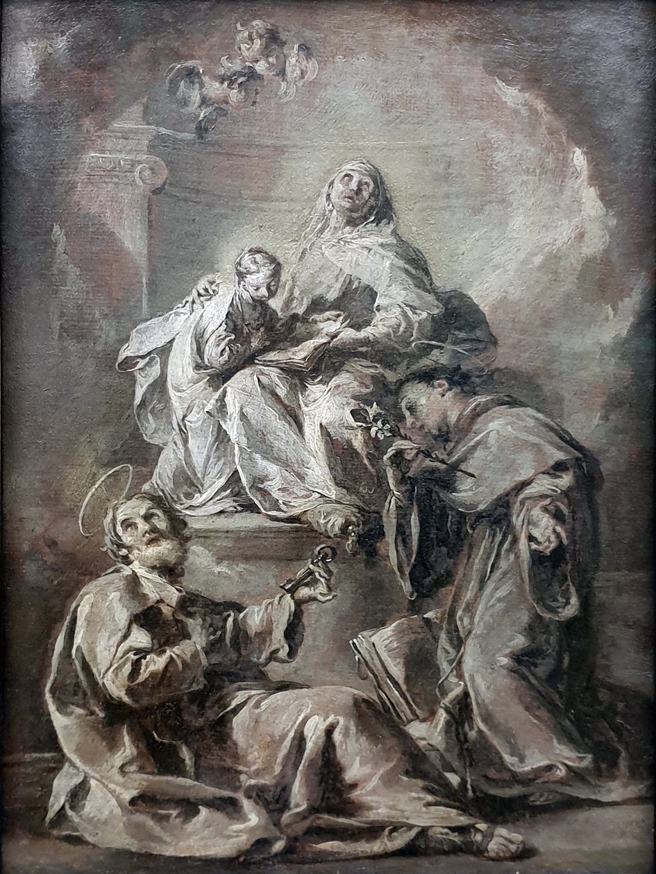 Anna unterweist Maria im Lesen der Heiligen Schrift Św. Anna, w towarzystwie św. Piotra i św. Antoniego z Padwy, instruuje młodą Marię w czytaniu Pisma Świętego; Kat.Nr. 88.1 autorstwa Giambattista Pittoni