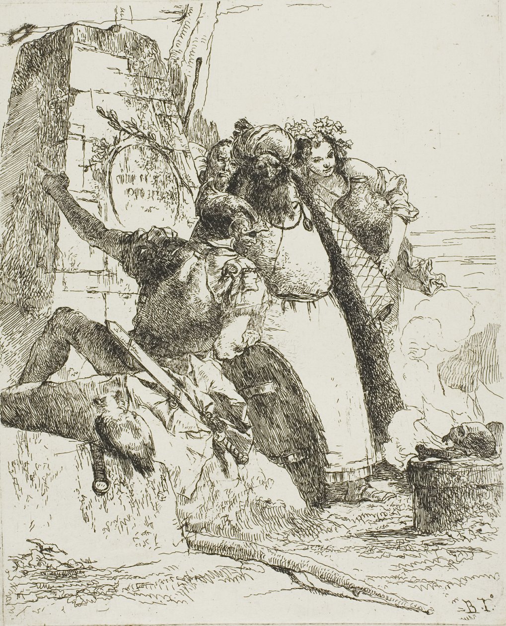 Czarodziej, żołnierz i trzy postacie obserwujące płonącą czaszkę z Scherzi autorstwa Giambattista Tiepolo