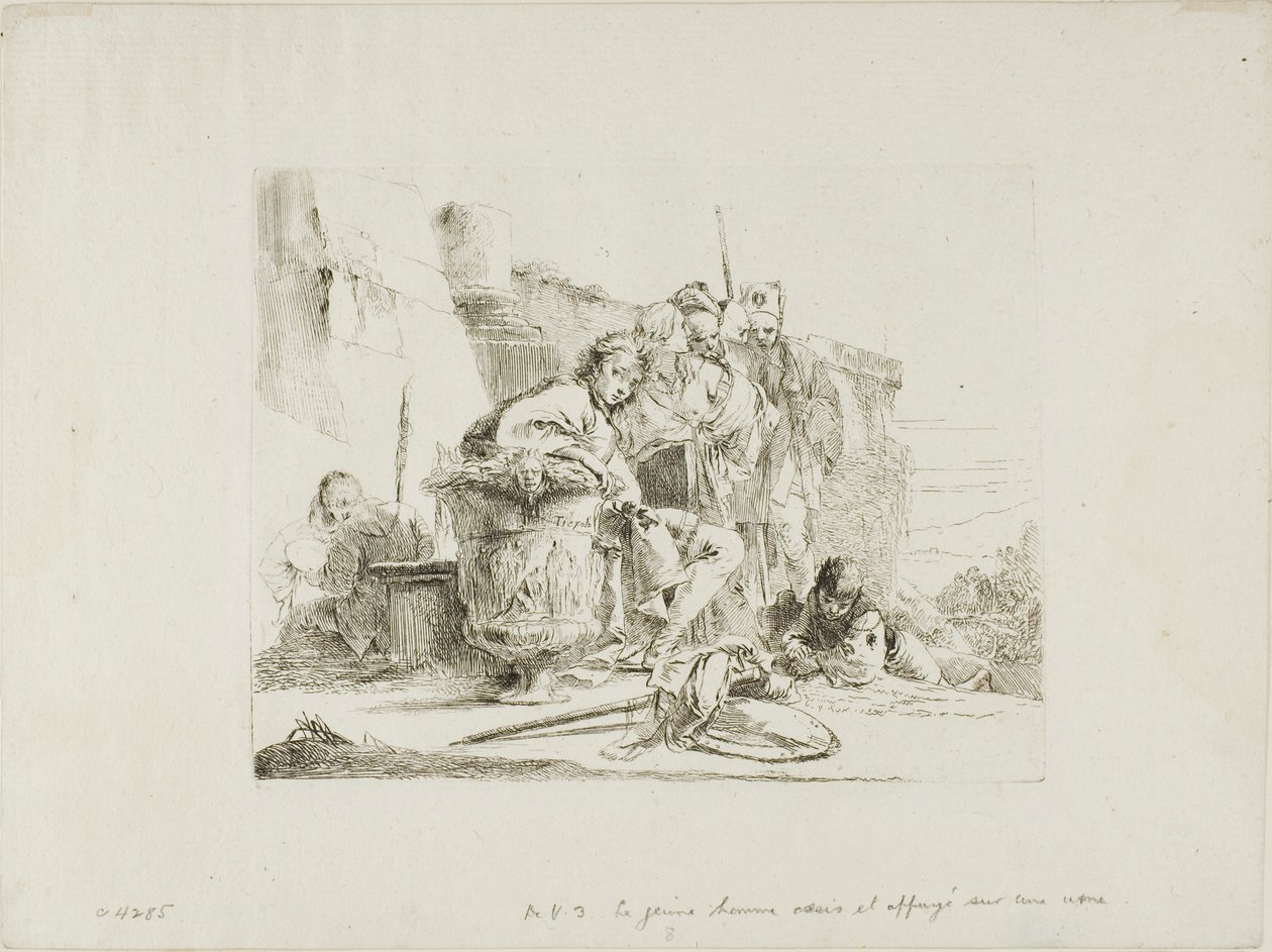 Siedząca młodzież oparta o urnę, z Capricci autorstwa Giambattista Tiepolo