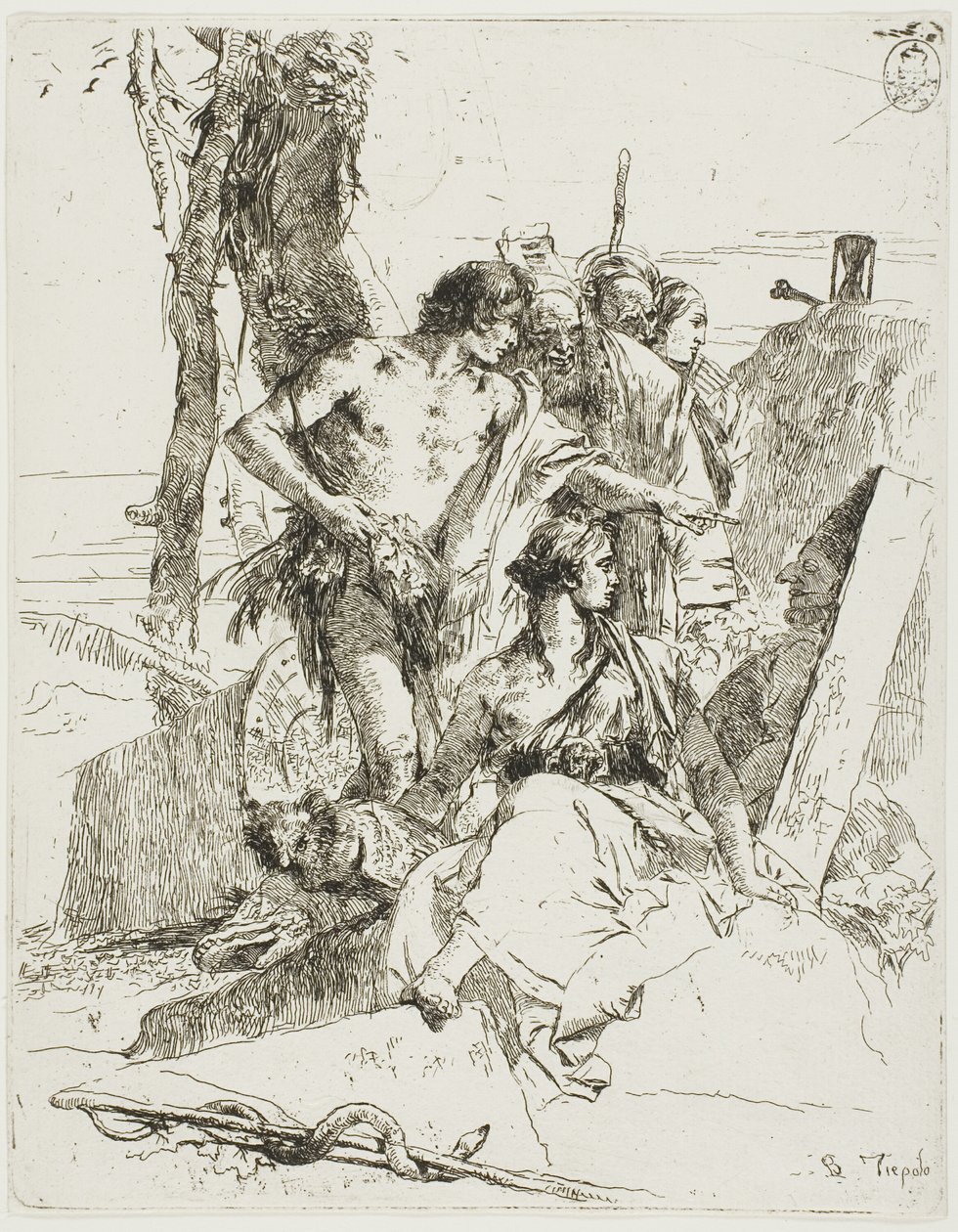 Odkrycie grobowca Punchinello, z Scherzi autorstwa Giambattista Tiepolo