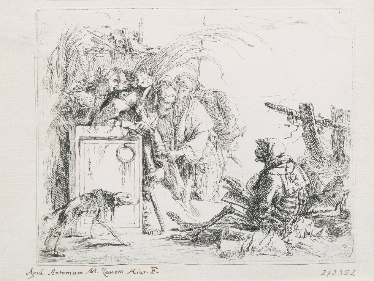 Wizyta przy śmierci. Z serii Capriccios, połowa XVIII wieku. autorstwa Giambattista Tiepolo