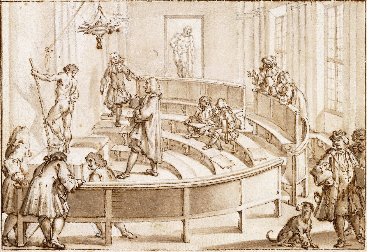 Akademia Clementina w Bolonii, z aktem ustawianym przez mistrza rysunku, w tle Herkules Farnese (czarna kredka, pióro i brązowy tusz z brązową lawą) autorstwa Giampietro Zanotti