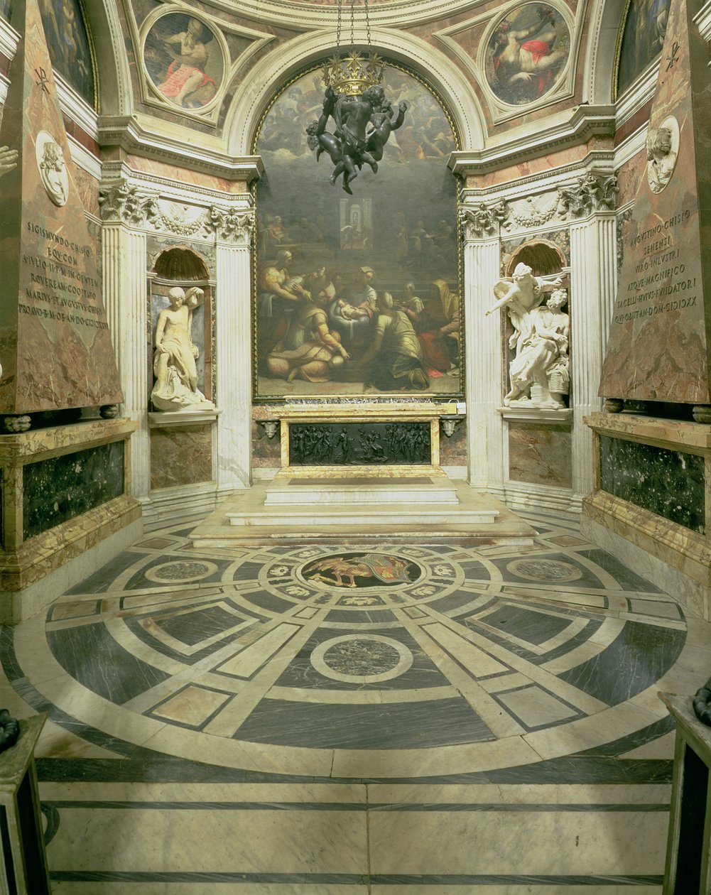 Widok wnętrza ośmiobocznej kaplicy Chigi, rozpoczętej przez Rafaela w 1513 r. i ukończonej po 1652 r. przez Berniniego autorstwa Gian Lorenzo Bernini