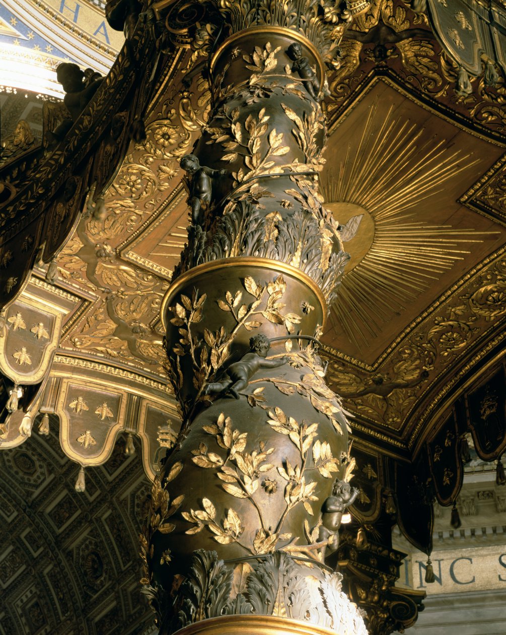 Kolumna cukru jęczmiennego z Baldacchino z liśćmi laurowymi i puttami goniącymi pszczoły, 1633 (brąz) autorstwa Gian Lorenzo Bernini