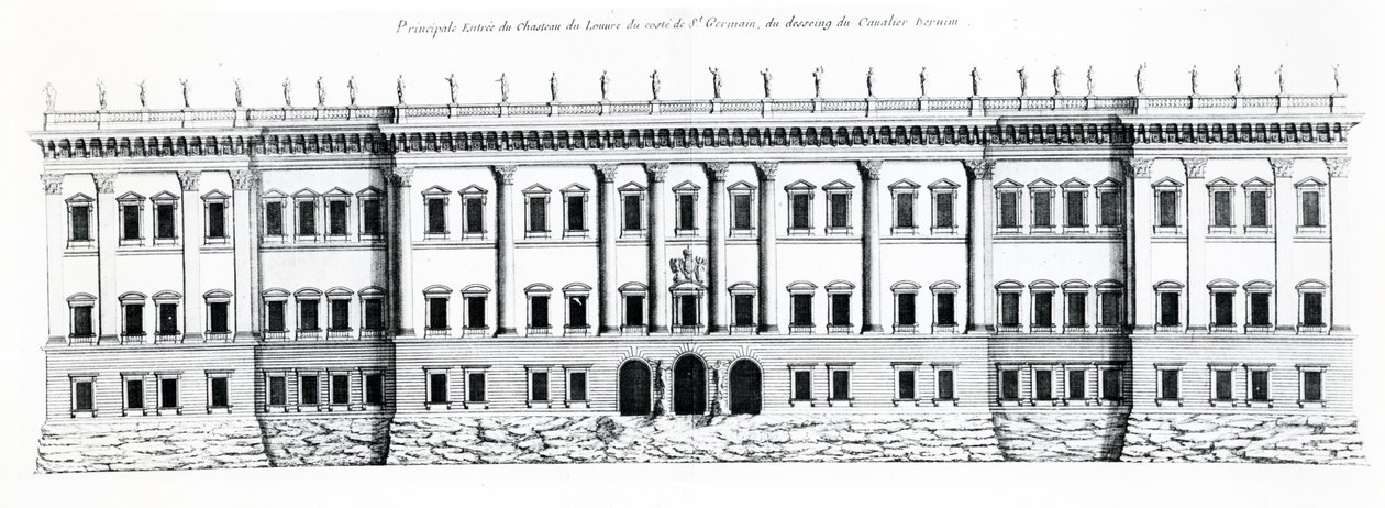 Trzeci projekt dla Pałacu Luwru w Paryżu: Elewacja fasady wschodniej i główne wejście do pałacu od strony Saint Germain, 1665 autorstwa Gian Lorenzo Bernini