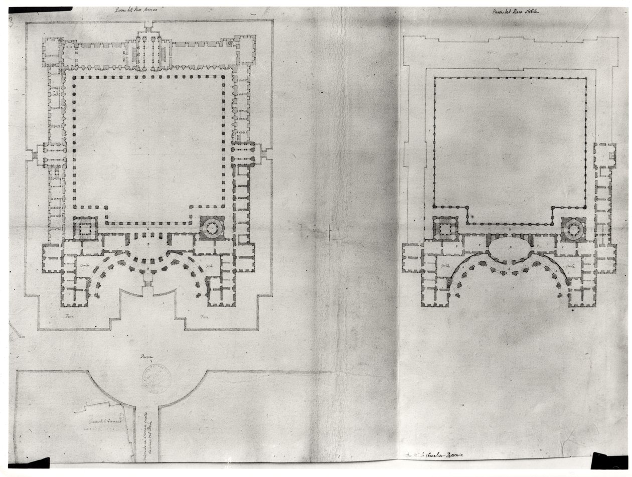 Dwa plany pierwszego projektu dla Luwru, z „Recueil du Louvre”, tom I fol.3, 1664 (pióro i atrament oraz pranie na papierze) (patrz 164013) autorstwa Gian Lorenzo Bernini