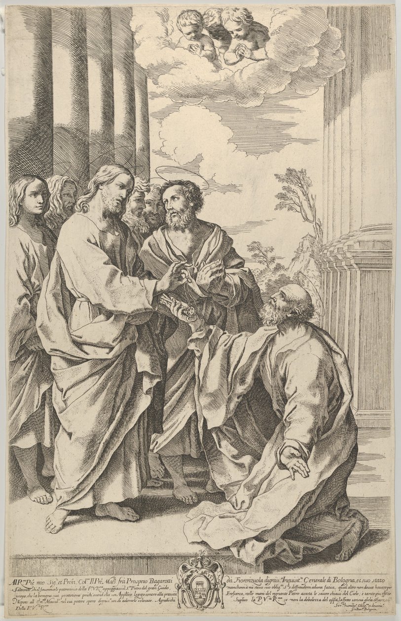 Chrystus dający klucze do kościoła św. Piotrowi klęczącemu przed nim, za Guido..., 1640-70. autorstwa Gian Battista Bolognini