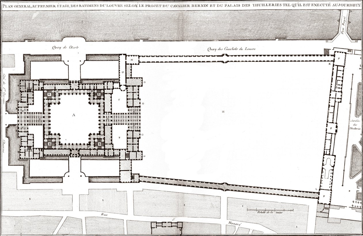 Ogólny plan zgodny z projektem Bernina dla Luwru i Tuileries w „Architekturze Francoise” autorstwa Jacques-Francois Blondela autorstwa Gian Lorenzo (after) Bernini