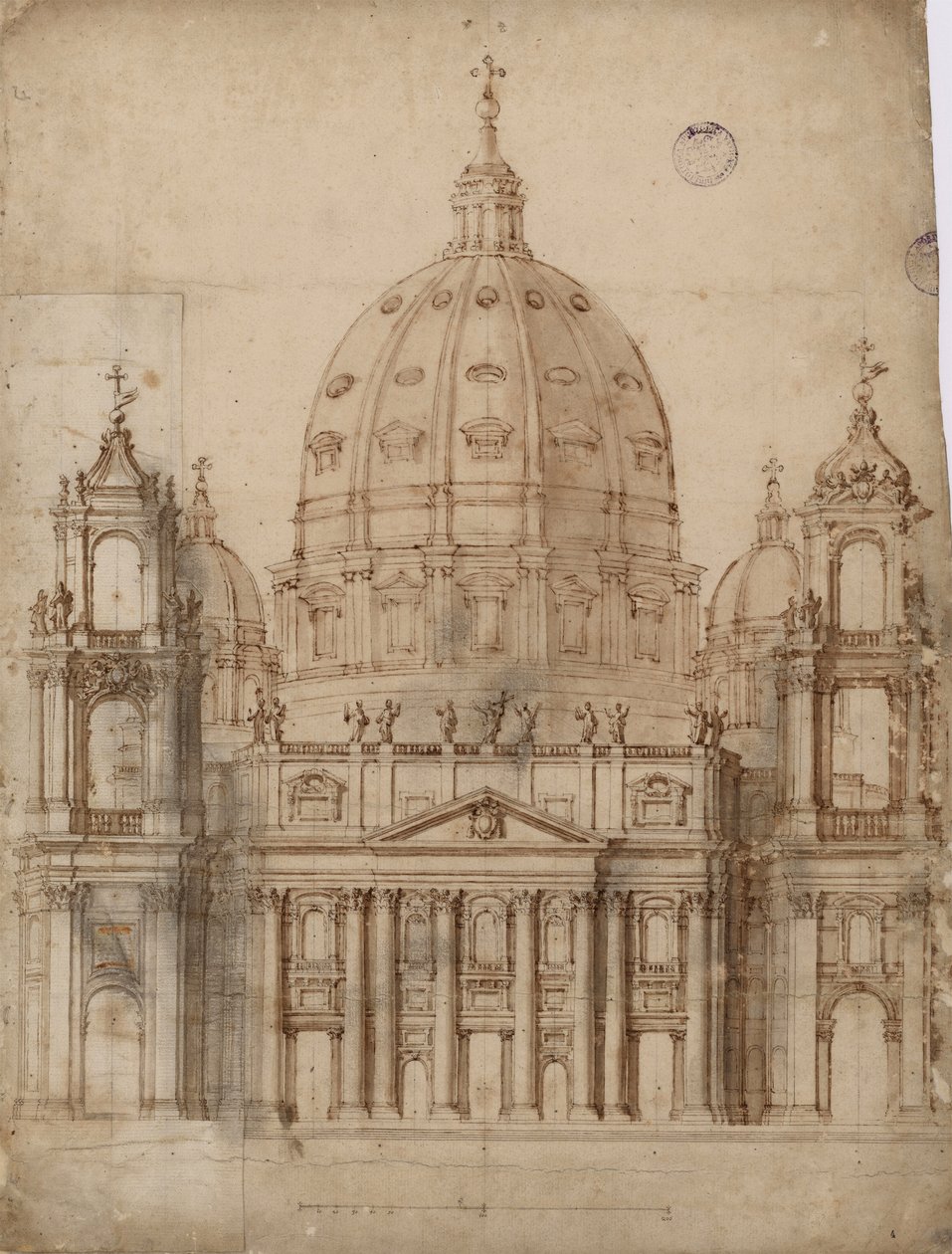 Alternatywna propozycja dla fasady Bazyliki św. Piotra w Watykanie par Bernini, Gianlorenzo (1598-1680). Pióro, pędzel, akwarela, tusz indyjski na papierze autorstwa Gian Lorenzo Bernini