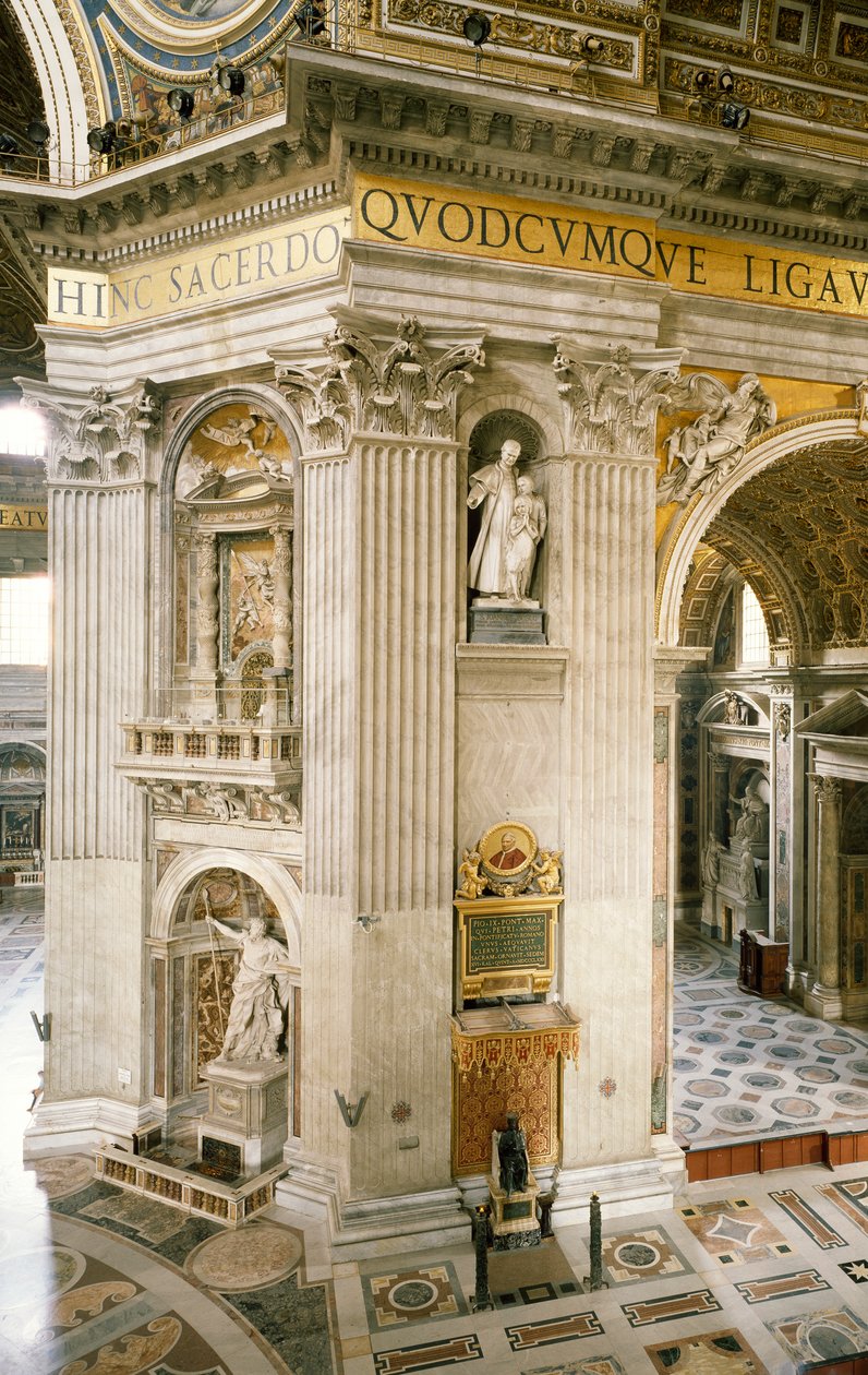 Dekoracje autorstwa Gian Lorenzo Berniniego (1598-1680) na pierwszym filarze po prawej stronie, jednym z czterech filarów podtrzymujących kopułę bazyliki św. Piotra, Rzym, Watykan autorstwa Gian Lorenzo Bernini